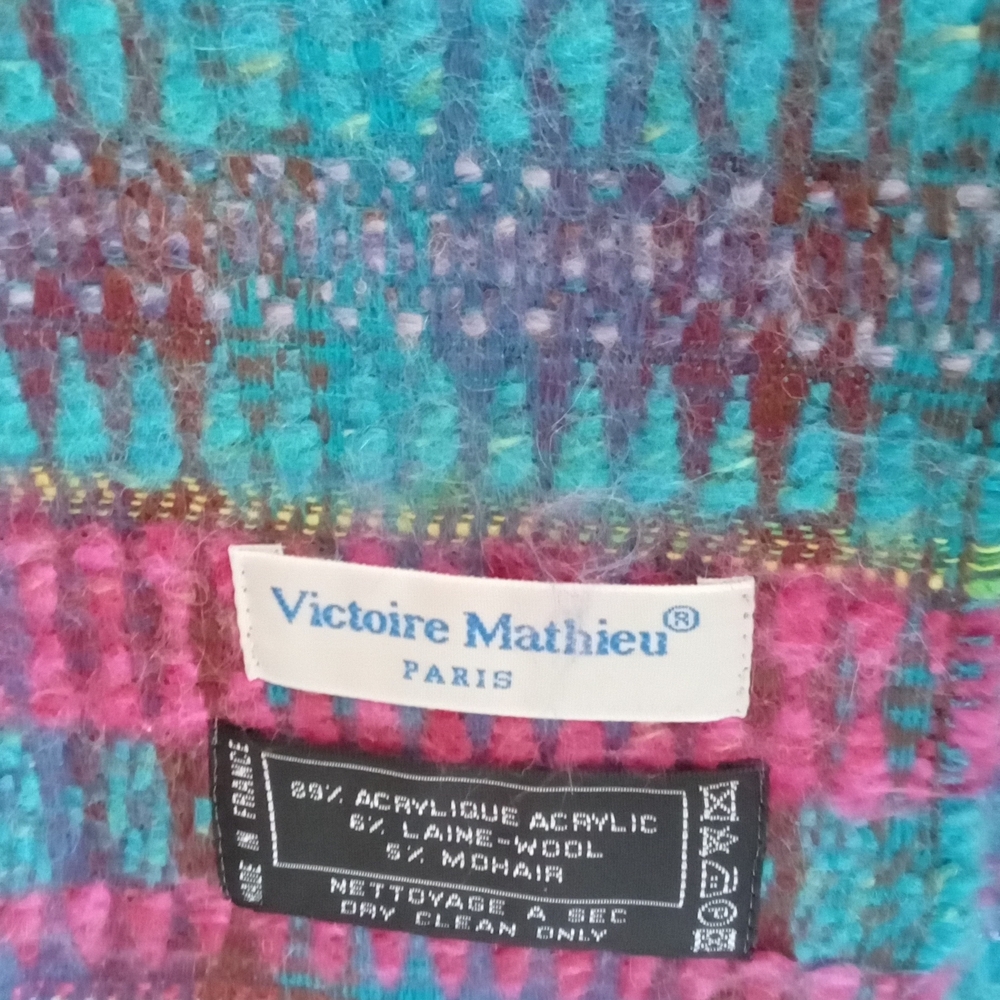 Victoire Mathieu Paris Woven Scarf Teal Pink‎ Purple Gold Metallic Fringe